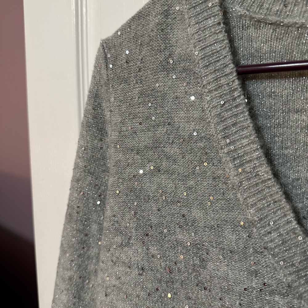 Loft Gray V-Neck Sweater With Silver Threads and Covered Silver Sequins Size M - Picture 2 of 6